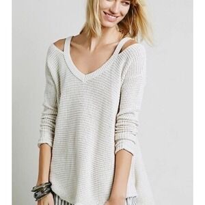 Free People Women's Moonshine Pullover Cold Shoulder V-neck Sweater Size Small‎